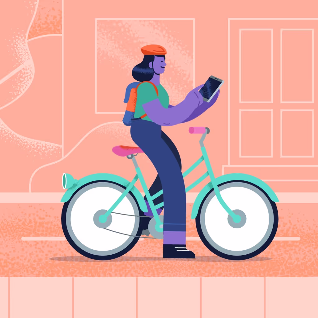 Illustration of woman holding phone on bike in city