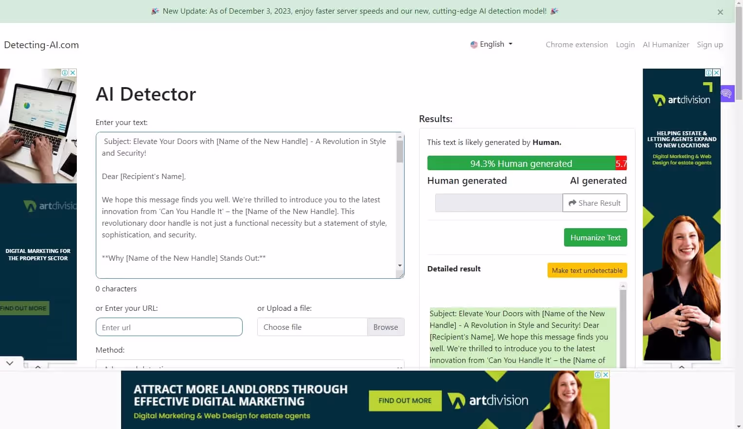 Detecting-AI.com Fail to detect chatgpt generated promotional email